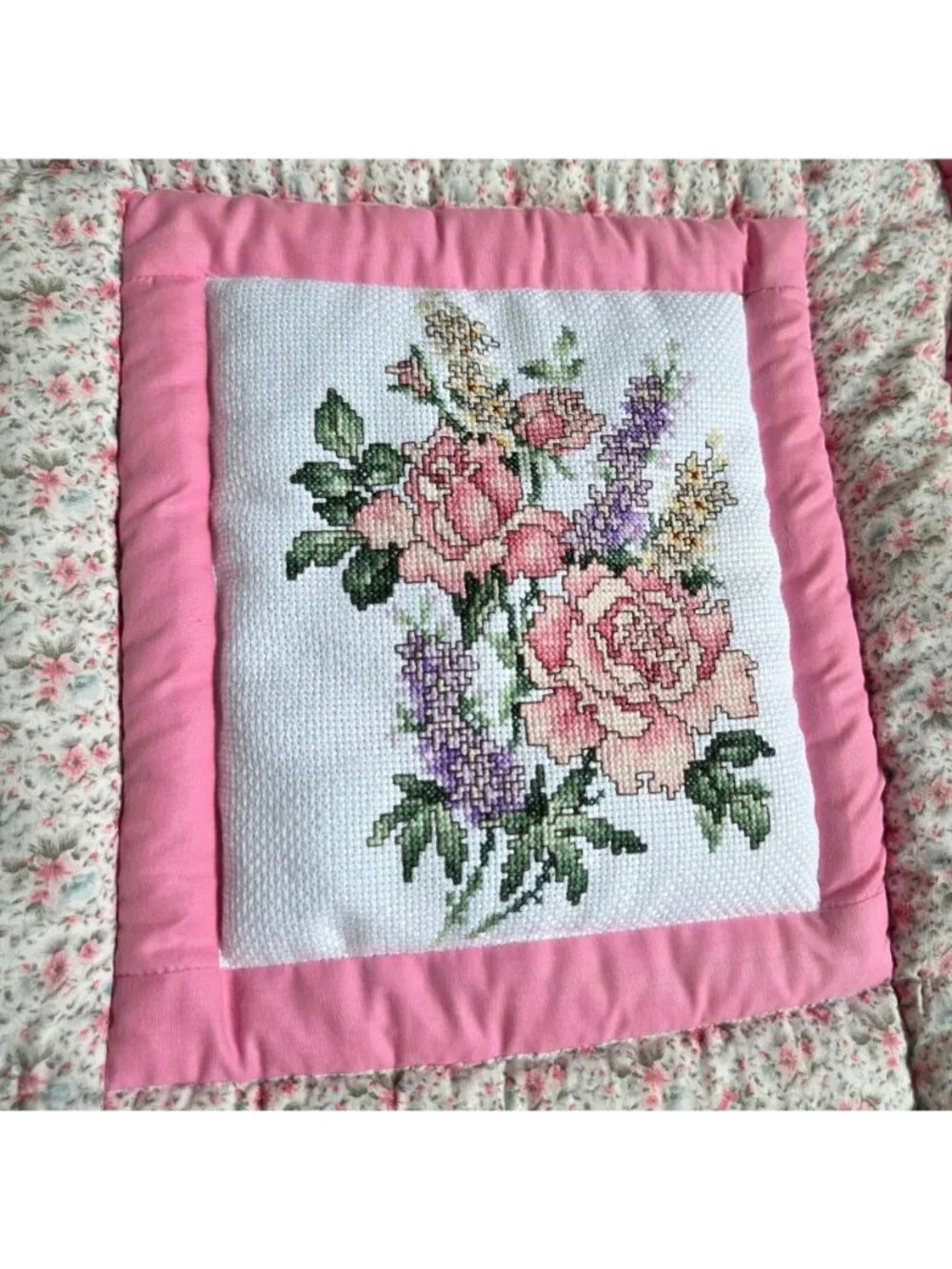 Handmade Hand Cross Stitched Embroidered Pink Floral Quilted Wall Hanging READ